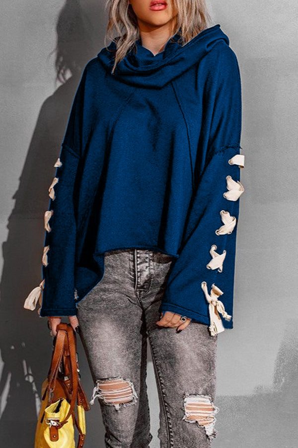 Lace Up Hooded Dolman Sleeve Hoodie Blue