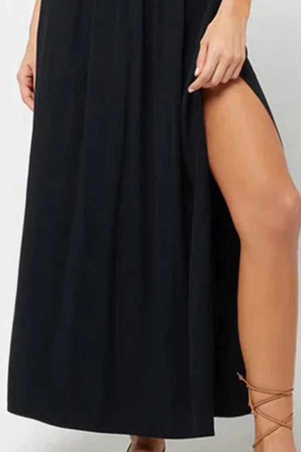 V-neck open back tie high waist loose slit dress