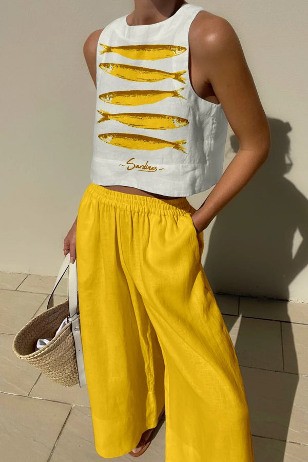 Linen Blend Unique Print Tank and Elastic Waist Pocketed Pants Set Yellow