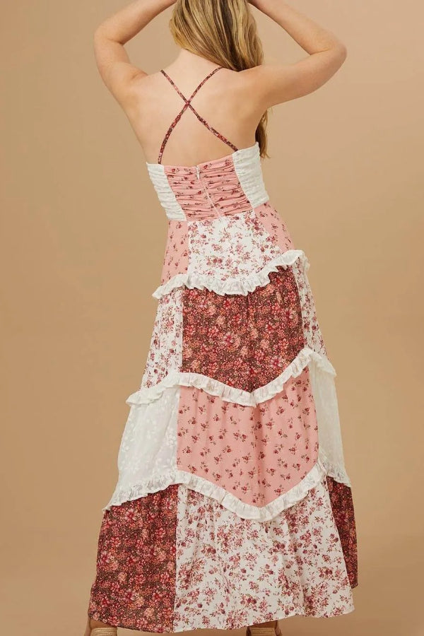 Elegant Patchwork Floral Print Maxi Dress