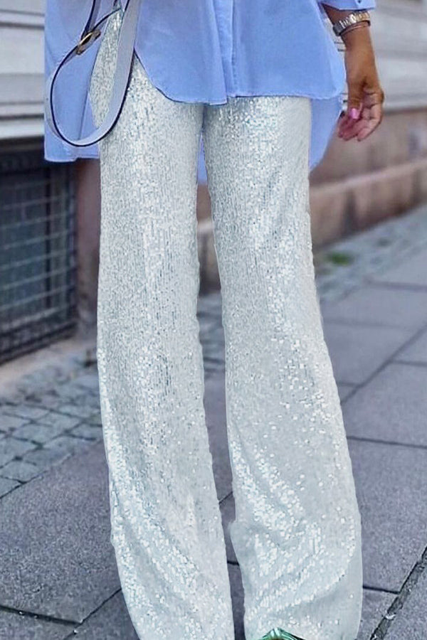 Solid color sequined fashionable casual straight pants silver