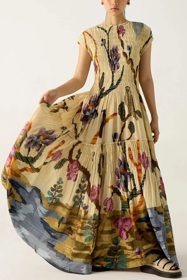 Relaxed and Playful Unique Print Smocked Short Sleeve Flare Maxi Dress