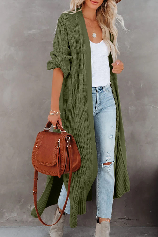 Pickle Green Cable Knit Side Slits Open Front Duster Cardigan Green