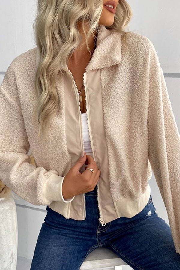 sherpa cardigan lapel zipper jacket apricot