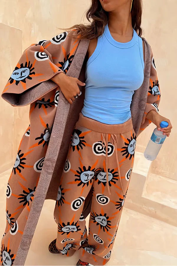 Pantalon large à taille élastique et imprimé tourbillon de soleil unique en tricot d'art méditerranéen 