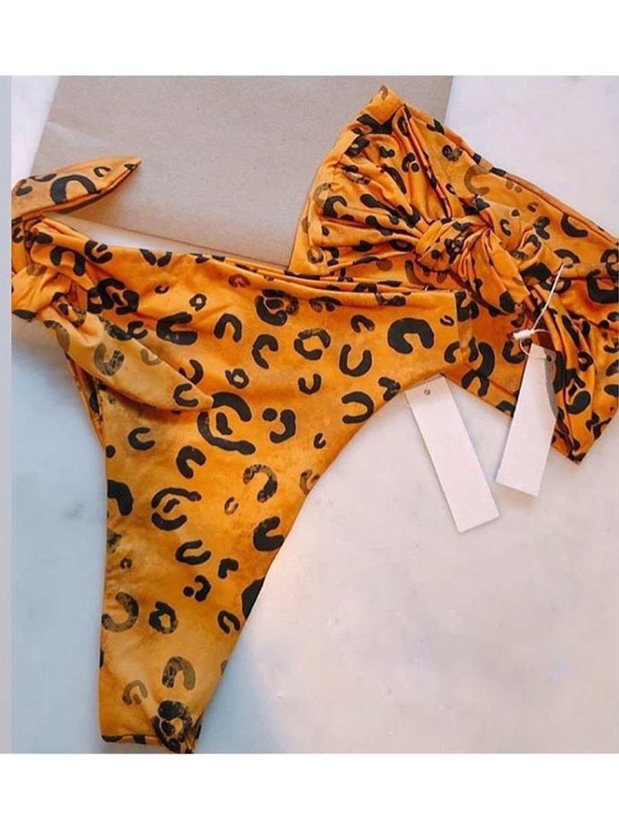 Knotted Leopard High Waist High Leg Bandeau Two Pieces Swimsuit