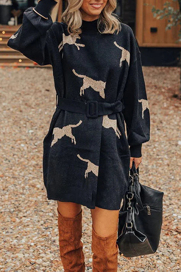 Fiercely in Love Leopard Print Mock Neck Removable Belt Sweatshirt Mini Dress Black
