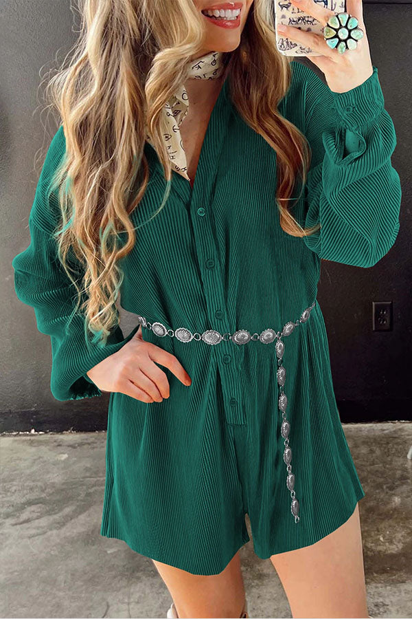 Ribbed Corduroy V Neck Button Front Romper Green