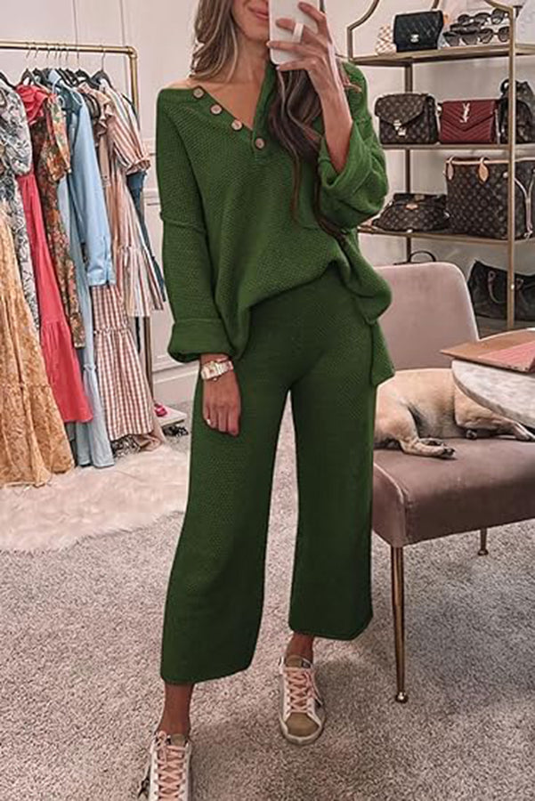 Heather Hailey Solid Color Casual Button V Neck Top and Pant Two Piece Set Green