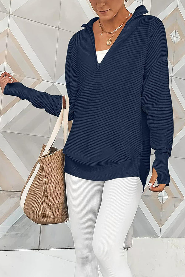 Half-Zip V-Neck Relaxed Rib-Knit Sweater Navy blue