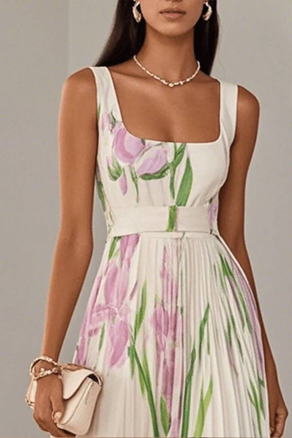 Weißes plissiertes Chiffon-Maxikleid mit Blumenmuster und quadratischem Ausschnitt, ärmellos, A-Linie