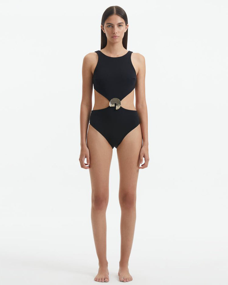 Solid Color Strappy Hollow Swimsuit Backless Swimsuit Black