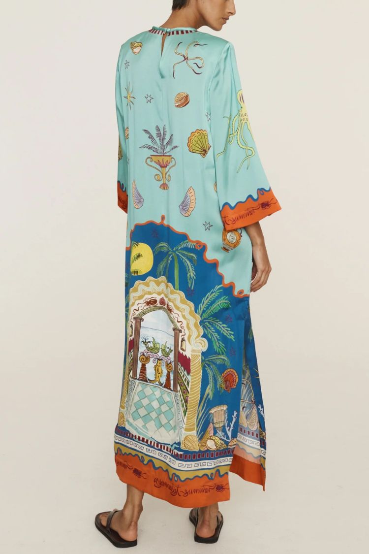 Satin Unique Print Long-sleeve Tie-waist Slit Maxi Dress