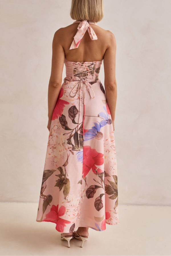 Terez Linen Blend Floral Print Halter Backless Tie-up Maxi Dress
