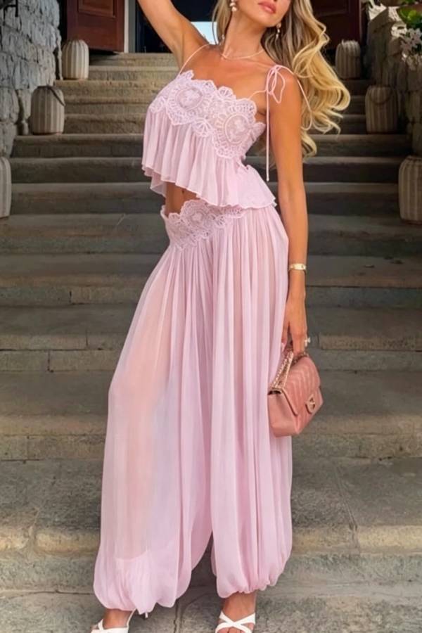 Dreamy Crinkle Chiffon Lace Trim Tank and High Rise Loose Lantern Pants Set