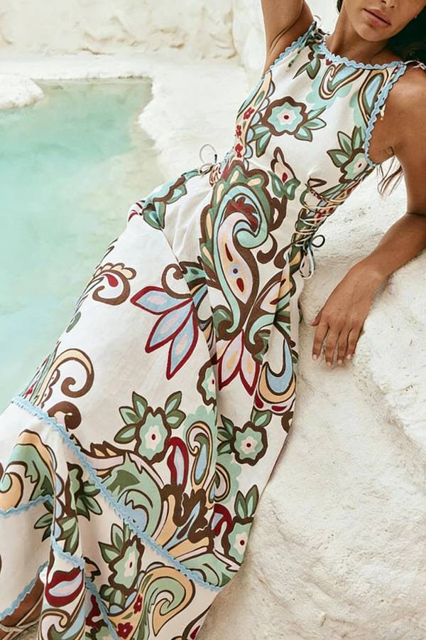 Unique Botanical Print Serrated Trim Round Neck Sleeveless Tie Casual Maxi Dress