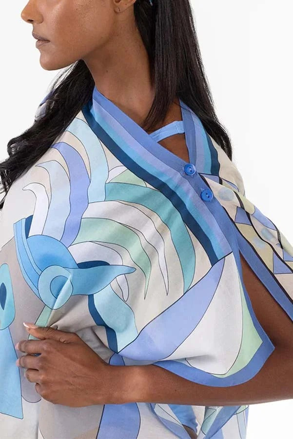 Horse Island – Lockeres Minikleid aus Tüll mit einzigartigem Print und One-Shoulder-Träger und Knopfdetail 