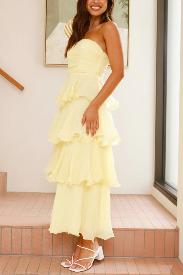 Pure Color Sexy Tube Top Backless Multi-layered Maxi Dress