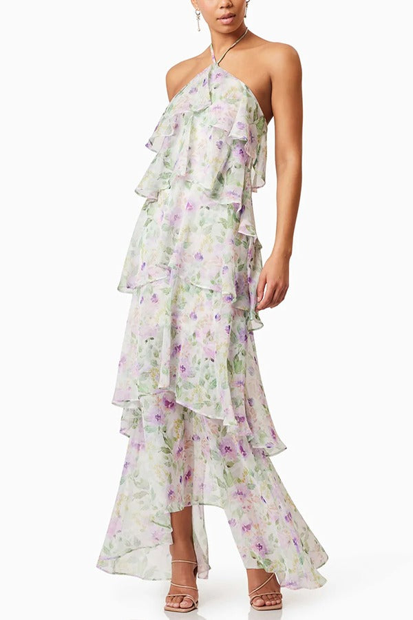 Cocktail Party Sheer Floral Georgette Halter Flowy Tiered Maxi Dress