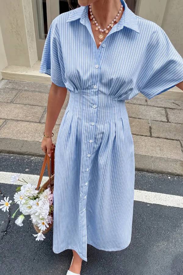 Striped Lapel Batwing Sleeve Waisted Shirt Midi Dress