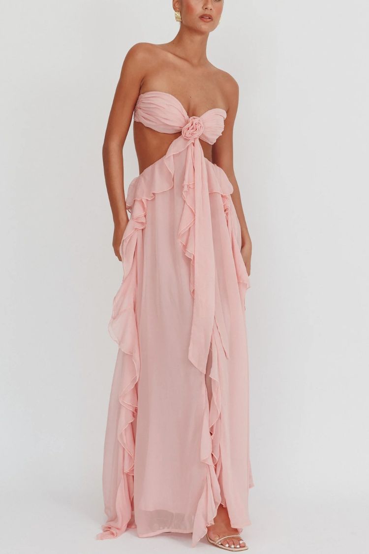 Gorgeous Vacation Halter Rose Detail Cut Out Ruffles Backless Maxi Dress