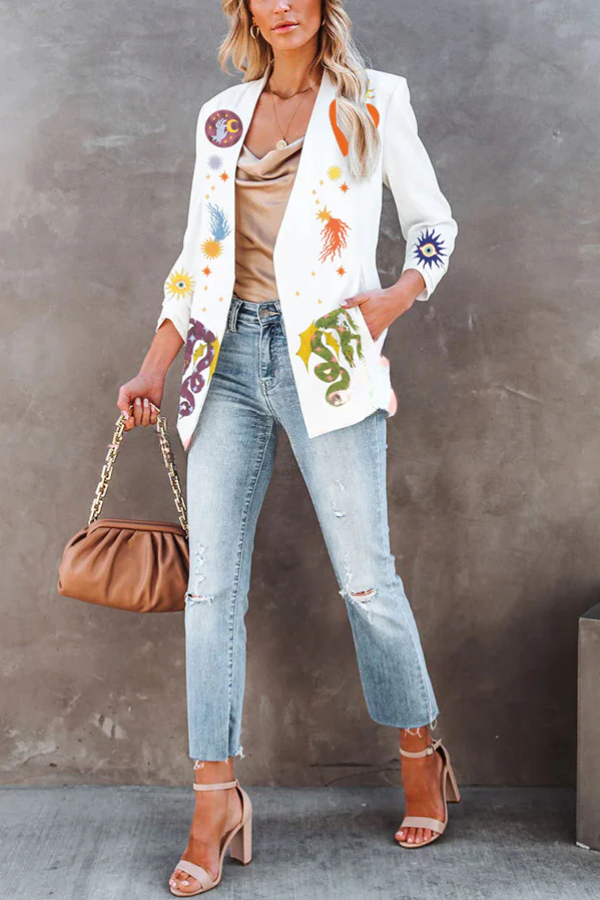 Standards Unique Print Pocketed Ruched Sleeve Casual Blazer White
