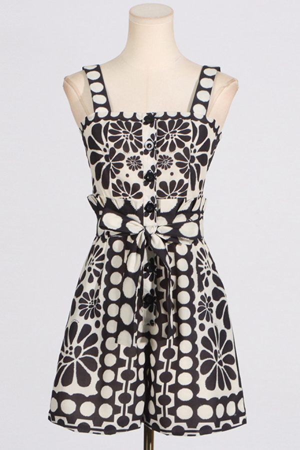 Printed Tie-Waist Sleeveless Suspender Jumpsuit Black