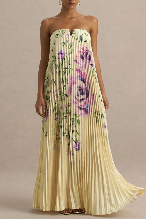 Für jeden Anlass: Satin-Maxikleid mit Plissee und Blumenmuster und V-Bügel-Bandeau-Ausschnitt 