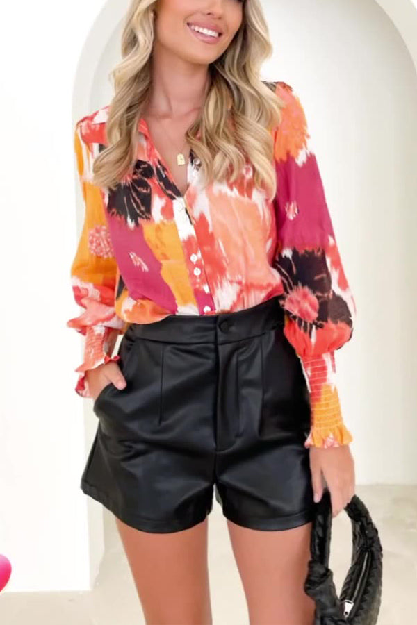 V-neck cardigan lantern sleeve shirt fashionable women's tops Orange