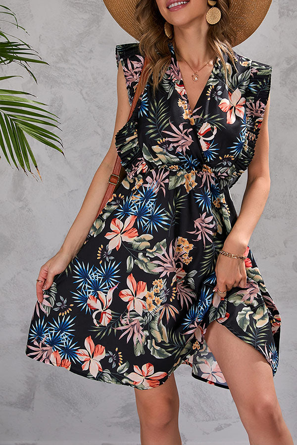 Summer flower waist ruffled sleeveless dress Black