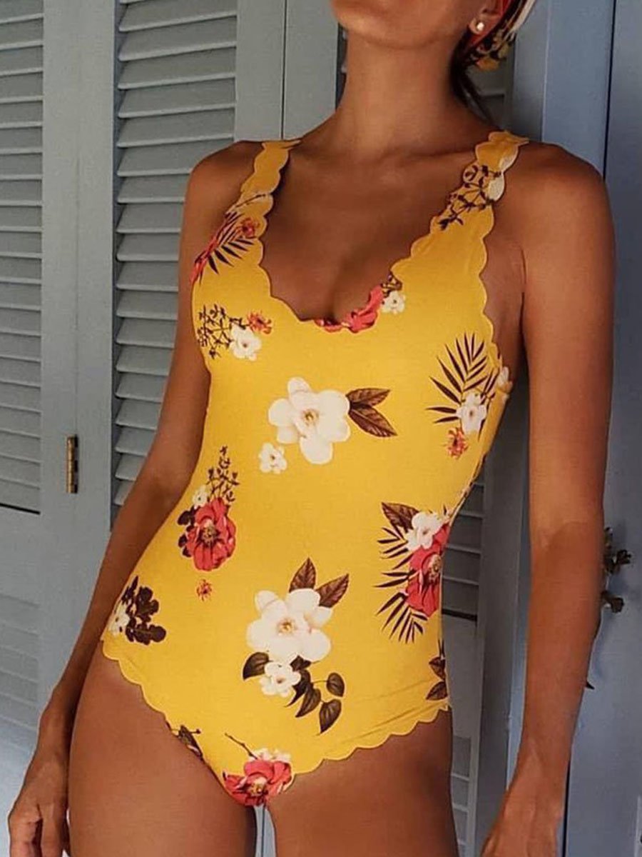 Flounce Design Floral Print Yellow One-piece Swimsuit Yellow