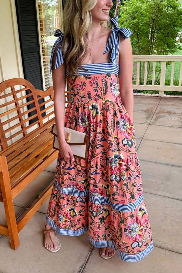 Striped Bow-Strap Printed Tiered Maxi Dress