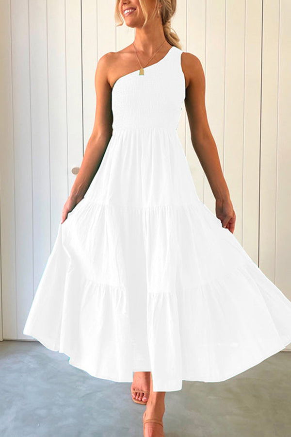 One Shoulder Sleeveless Smocked Ruffle Tiered Maxi Dress White