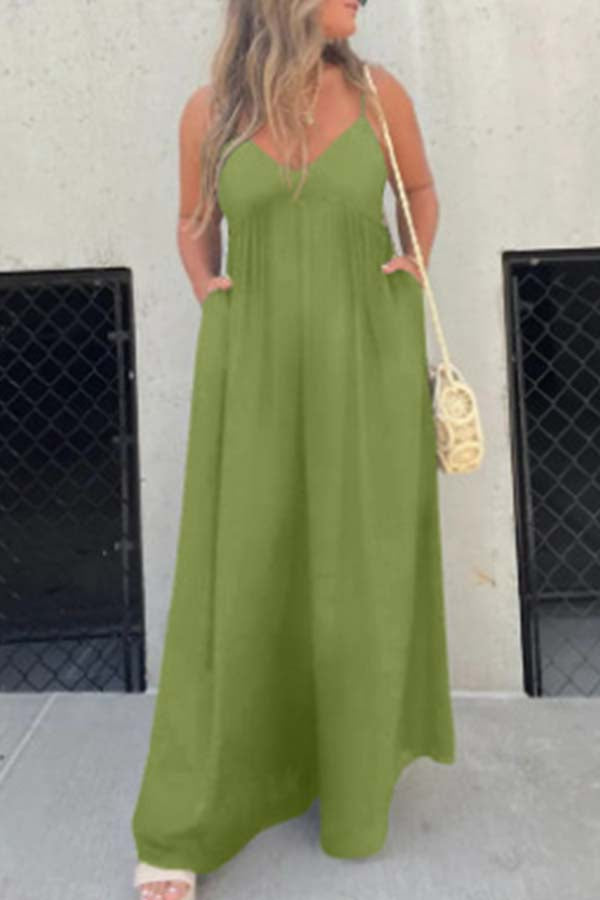 Effortless Back Tie-up Pocketed Wide Leg Cami Jumpsuit Blackish Green