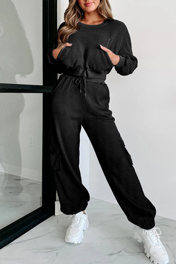 Weekend Hangs Waffle Knit Pullover and Pocket Pants Loungewear Set Black