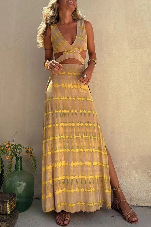 Eleanor Tie-dye Print Cutout Design Slit Stretch Dress Yellow