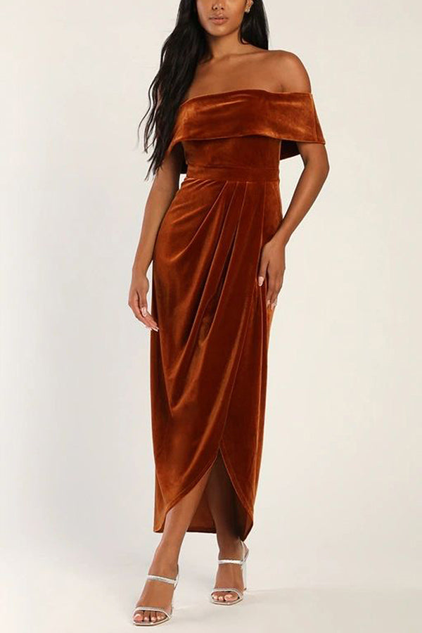 Elegant velvet one-shoulder slit dress Brown