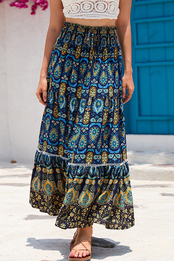 High waisted wide skirt rayon printed vacation beach skirt Blue