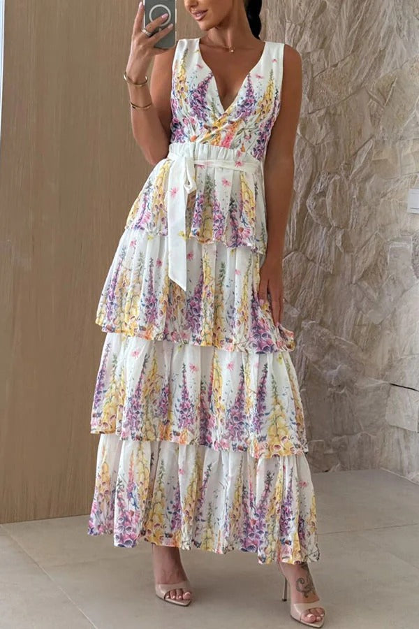 Sunny Views Lavender Print V-neck Tie-up Tiered Maxi Dress