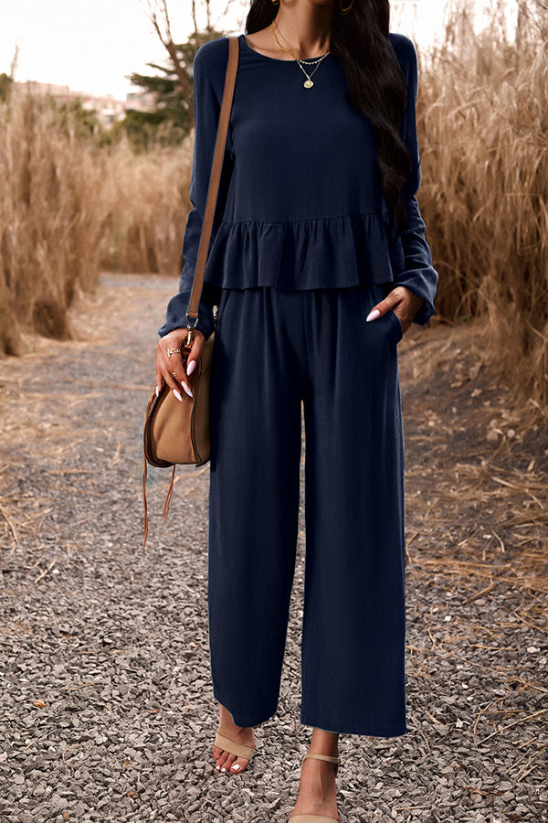 Temperament casual suit solid color long-sleeved top loose trousers Navy blue