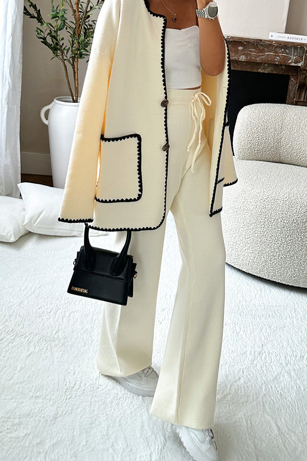 Marena Knit Drawstring Elastic Waist Wide Leg Pants White