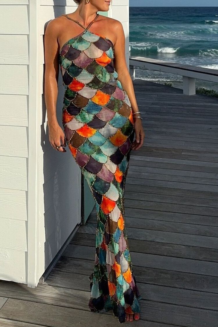 Little Mermaid Colorful Scales Print Halter Maxi Dress