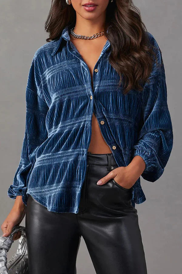 Fkahi Velvet Pleated Lapel Button Down Shirt Blue