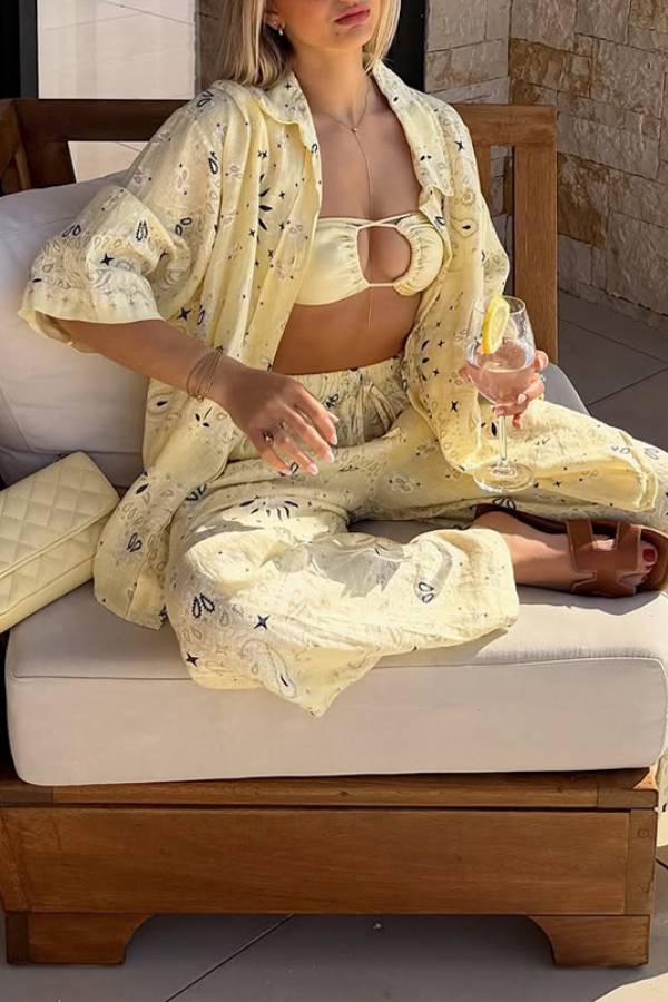 Paisley Print Oversized Shirt & Wide‑Leg Pants Vacation Two‑Piece Set