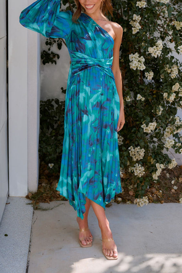 Rita Floral Pleated One Shoulder Elastic Waist Midi Dress