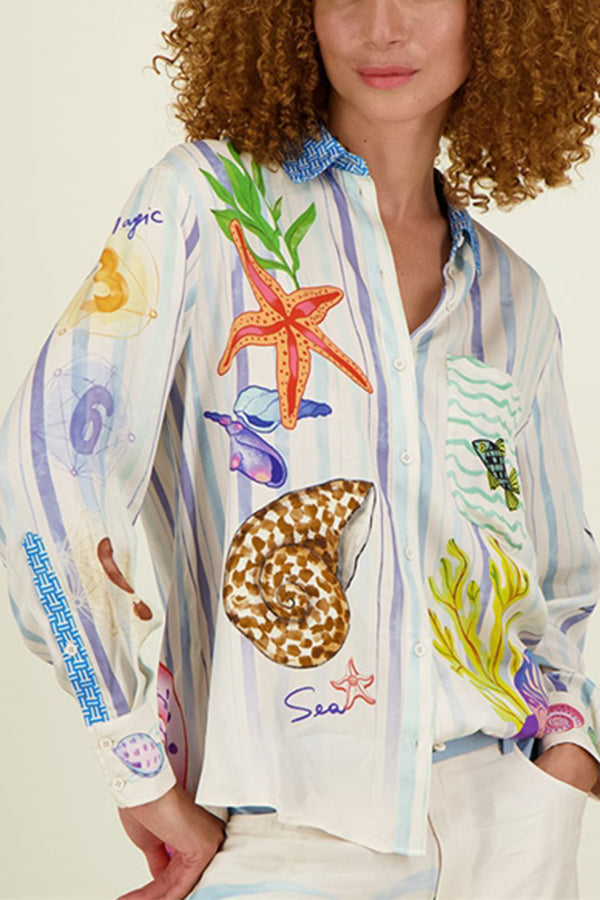 DREAM OCEAN SATIN UNIQUE PRINT BUTTON DOWN POCKET OVERSIZED BLOUSE White