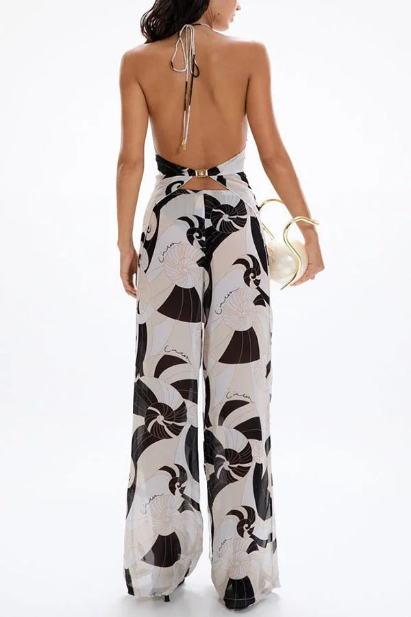 Adrenia Unique Print Metal Starfish Front Slit Halter Tank and Elastic Waist Loose Pants Set