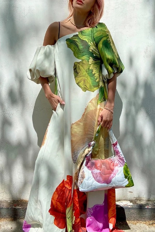 Floral Print Slant Collar Puff Sleeves Loose Holiday Maxi Dress