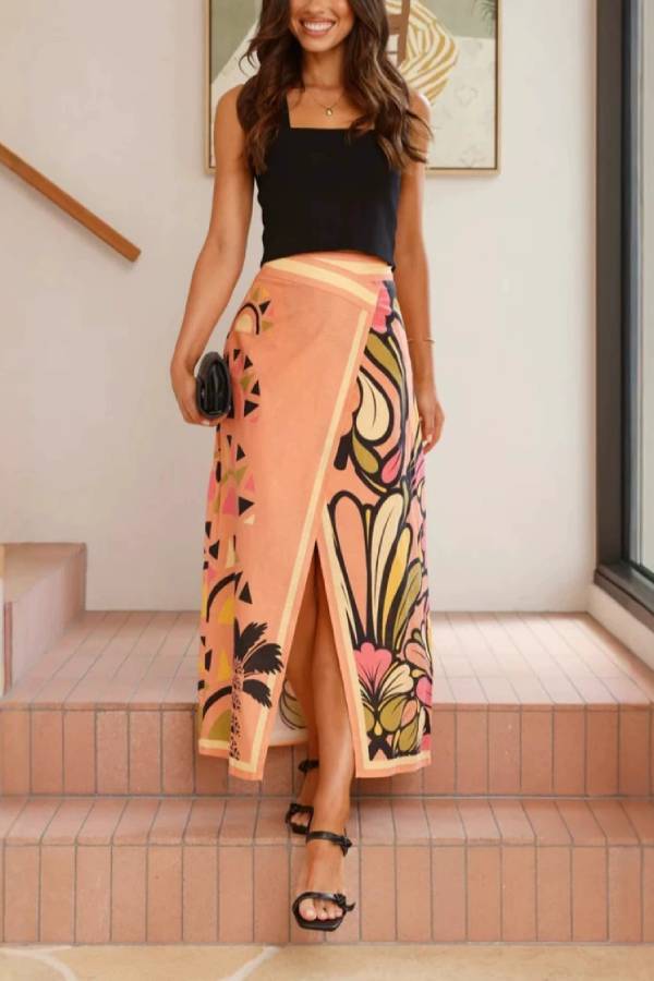 Sexy hip-hugging A-line skirt with slits Orange