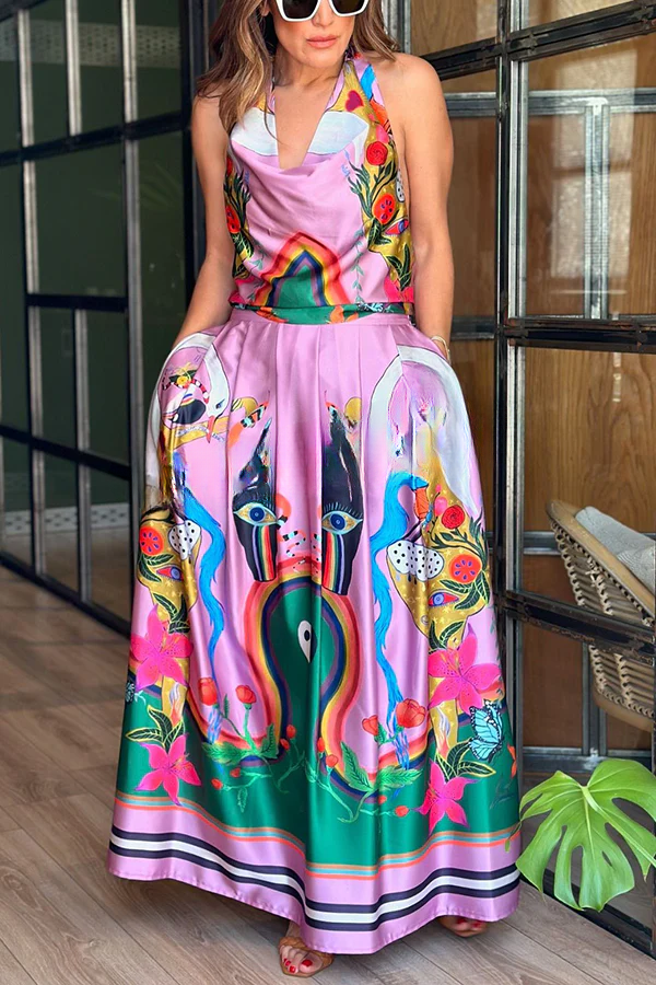 Unique Print Back Tie-up Pocket Halter Maxi Dress Pink